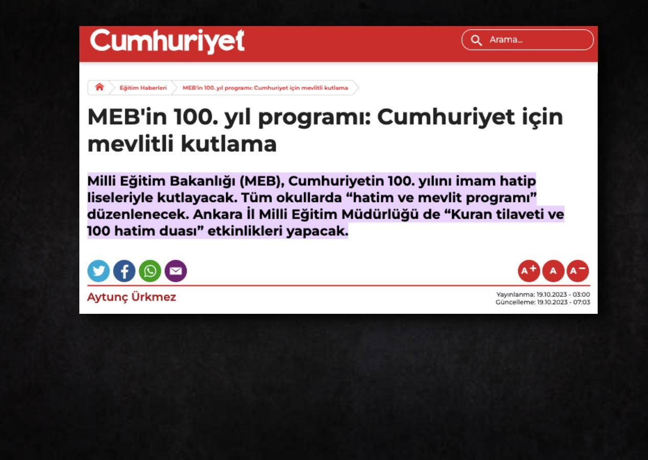 Cumhuriyet Gazetesi, İmam Hatip Liselerinde hatimli 100. yıl kutlamasından rahatsız oldu!