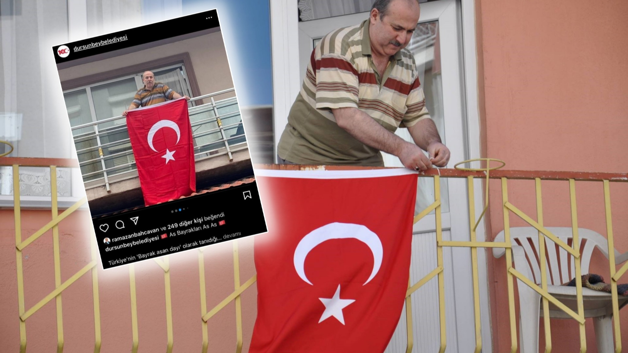 Fenomen 'Bayrak Asan Dayı' bu kez Cumhuriyet'in 100. yılı için balkonda