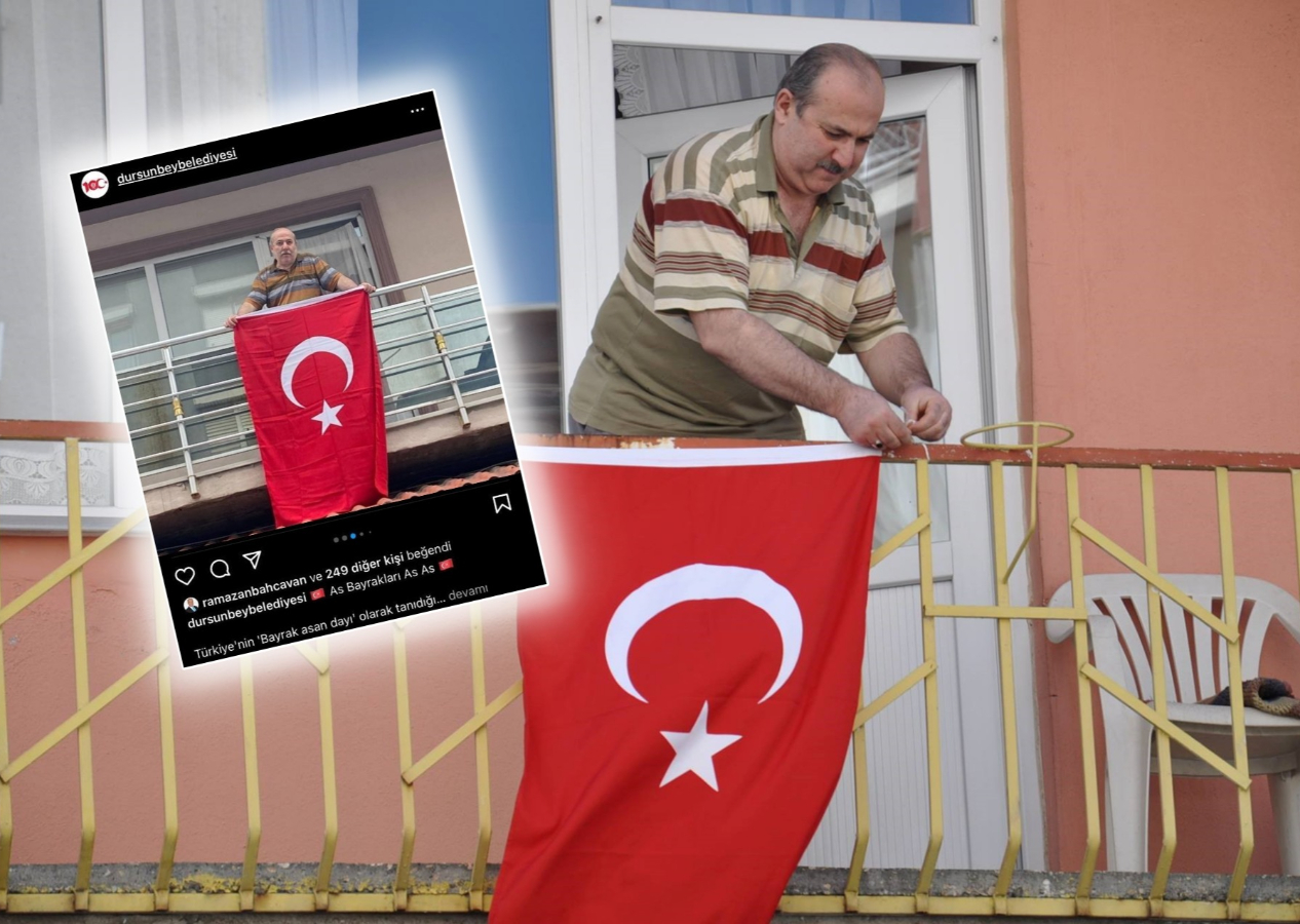 Fenomen 'Bayrak Asan Dayı' bu kez Cumhuriyet'in 100. yılı için balkonda
