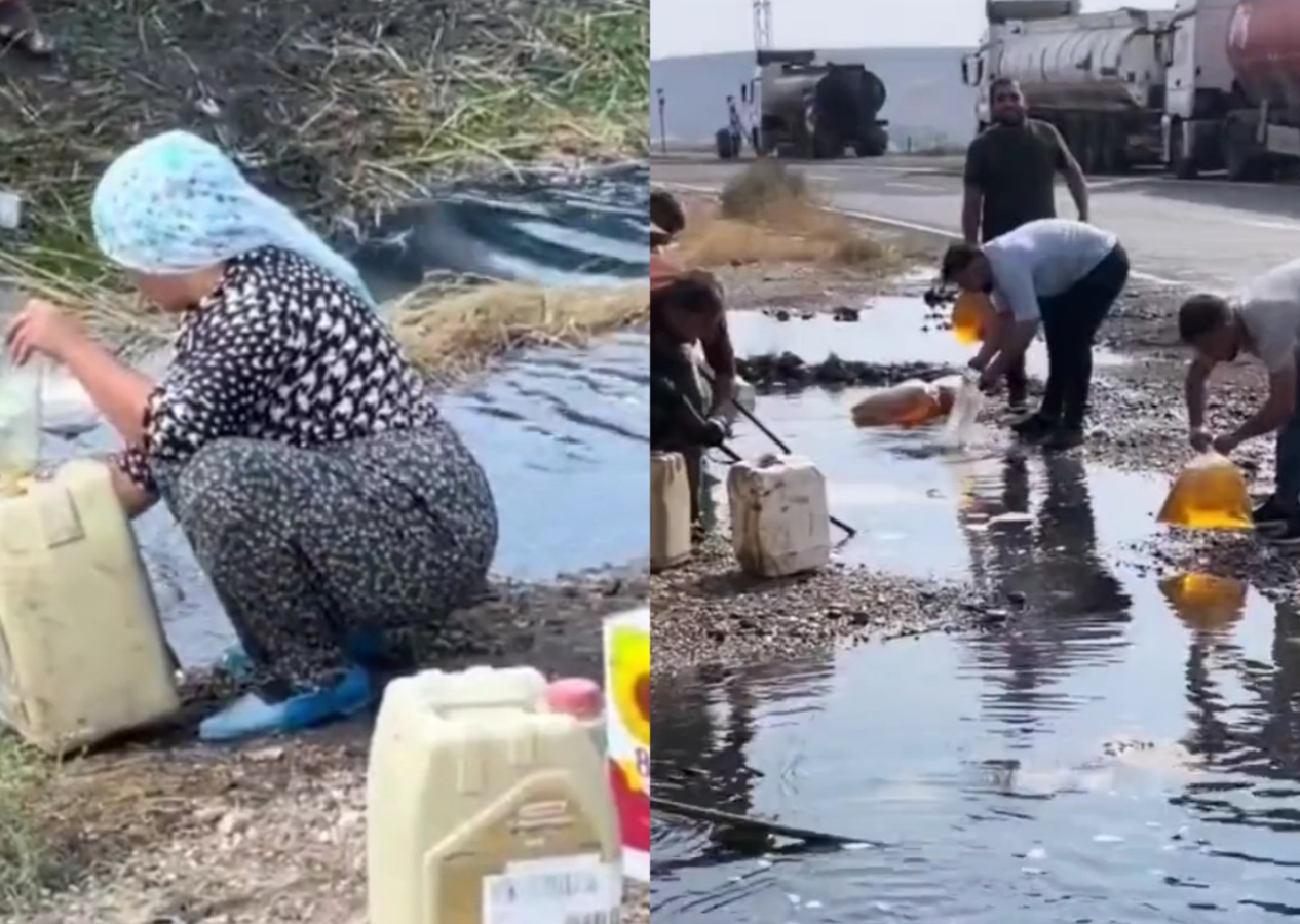 Şırnak'ta şaşırtan görüntü: TIR kazası sonrası yola dökülen akaryakıtı bidonlara doldurup gittiler