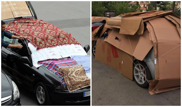 Kapalı otoparklar doldu, arabalar kilim ve naylonla korumaya alındı...