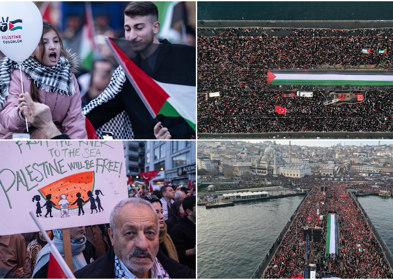 İstanbul'da tarihi buluşma! On binlerce kişi şehitlere rahmet, Filistin'e destek, İsrail'e lanet için Galata Köprüsü'nde!