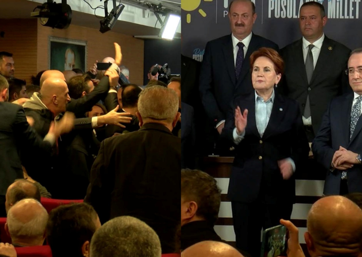 İYİ Parti'nin aday tanıtım toplantısında gerginlik: Meral Akşener'in önünde tekmeler tokatlar havada uçuştu!