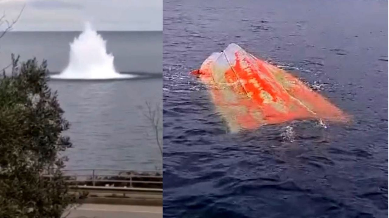 Karadeniz'de ters dönmüş şüpheli tekne imha edildi! Patlama anı kamerada...