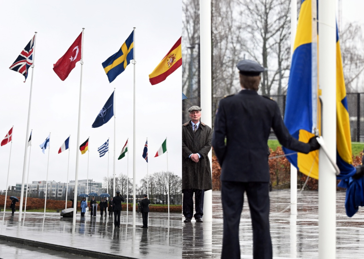 İsveç bayrağı, NATO karargahında Türk bayrağının yanında göndere çekildi