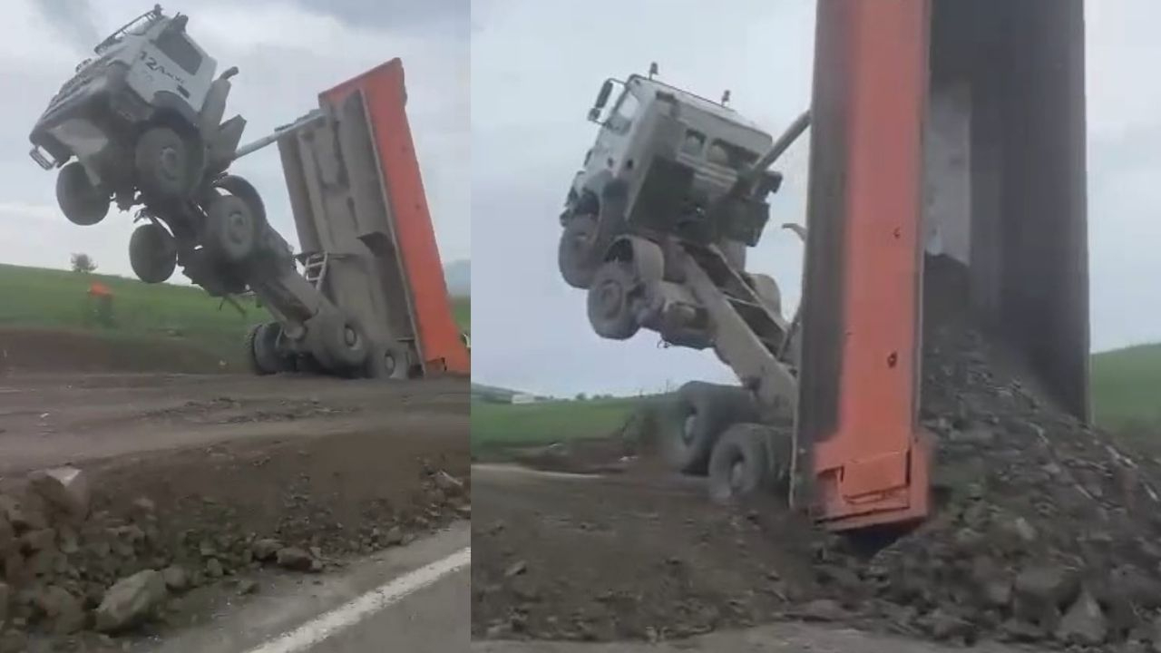 Görenler şaşırdı: Kamyon şaha kalktı
