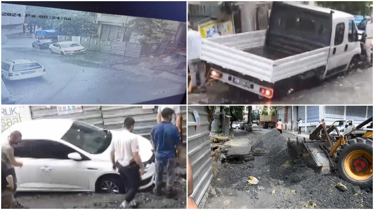 İstanbul'da şiddetli yağış: Yol çöktü, iki araç içine düştü... AKOM, saat vererek uyardı
