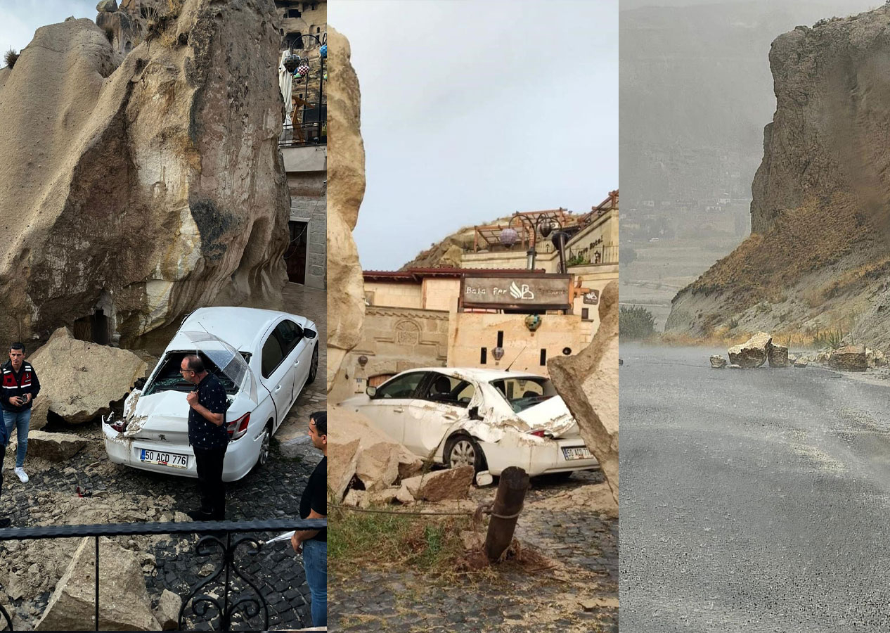 Kapadokya'yı sel vurdu: Kopan kayalar 3 araçta hasara neden oldu