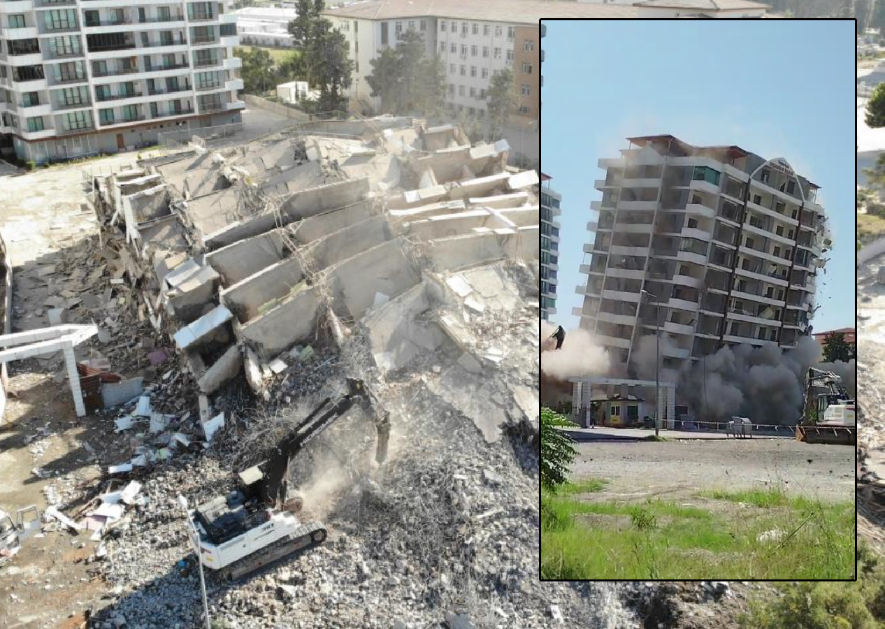 İskenderun'da 16 katlı bina iş makinesinin darbesiyle kağıt gibi yerle bir oldu