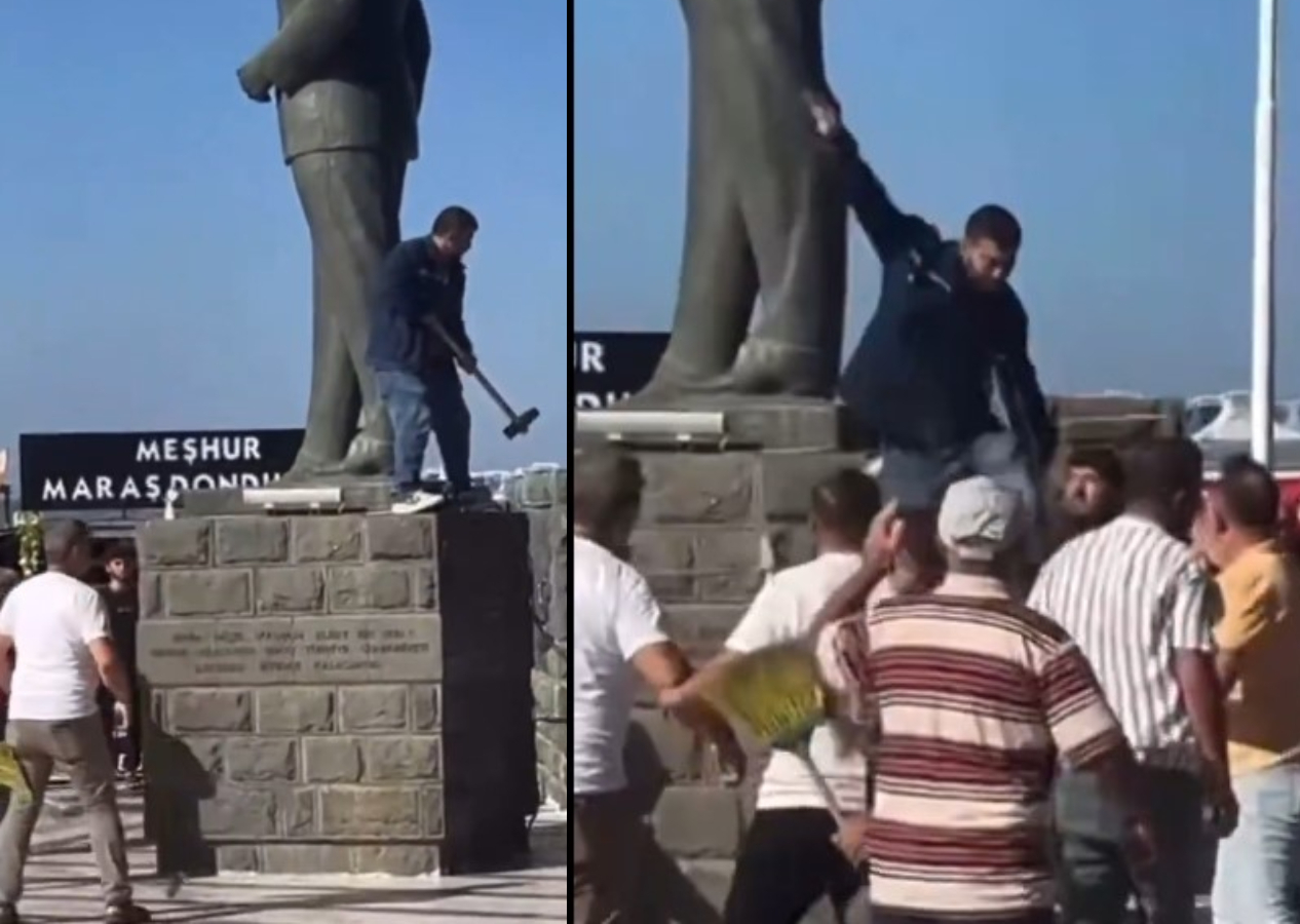 Ayvalık'ta Atatürk heykeline balyozla saldıran şahsı vatandaşlar etkisiz hale getirdi