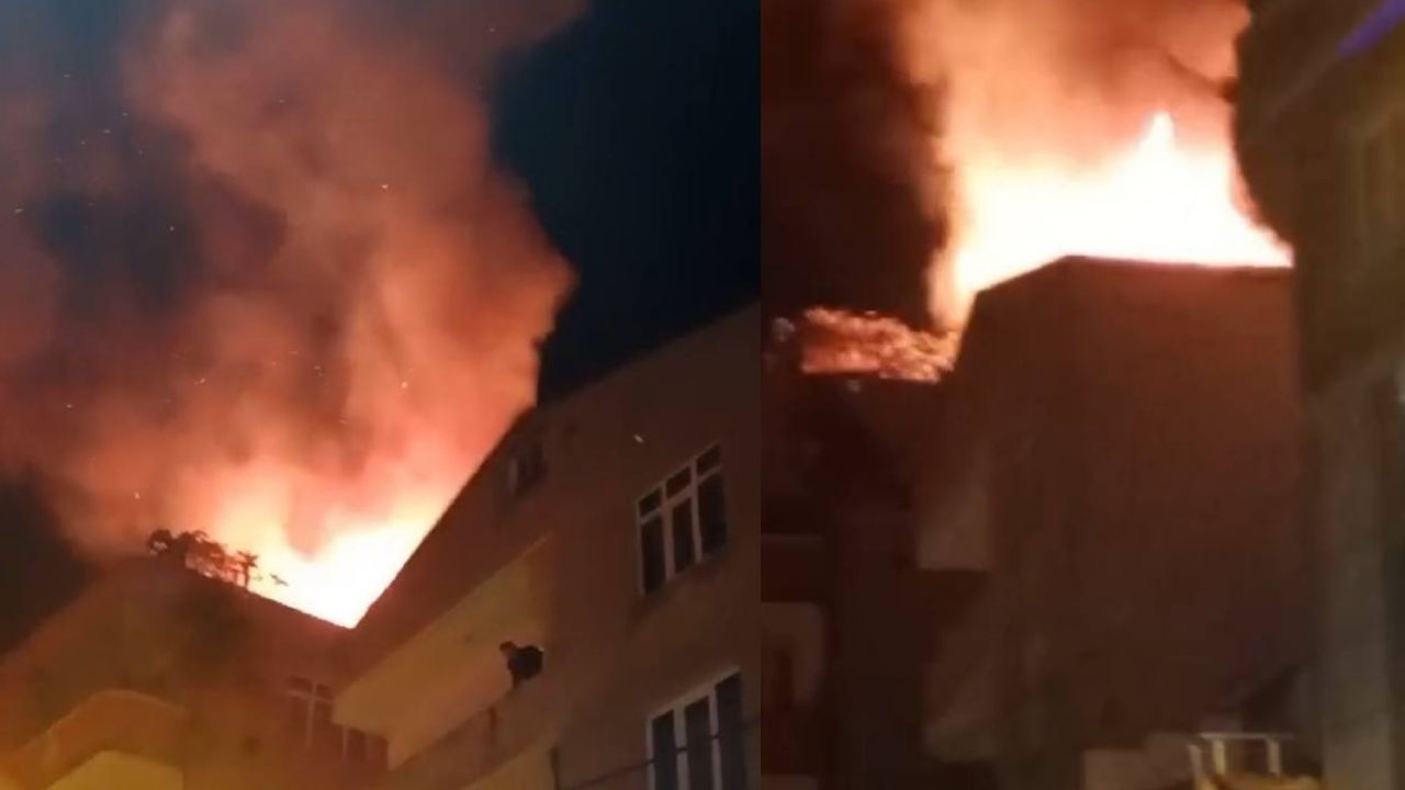 Küçükçekmece'de mangaldan çıkan yangında binanın çatısı alev alev yandı