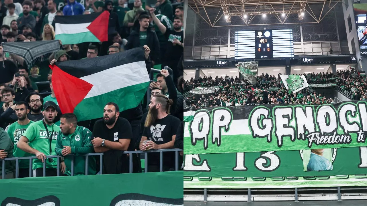 Yunan taraftarlardan Maccabi Tel Aviv maçında Filistin pankartı!