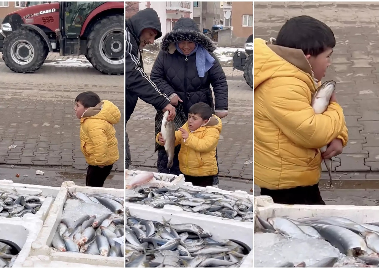 Balık alamadığı için ağlayan küçük çocuğa esnaf balık hediye etti! Boyu kadar balığı kucaklayıp evine götüren çocuğun videosu viral oldu