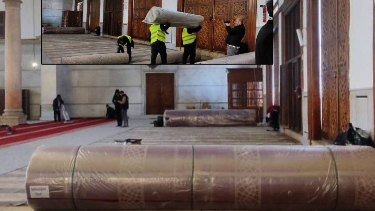 Emevi Camii'ne Cumhurbaşkanı Erdoğan'ın seçtiği Gaziantep halıları serilmeye başlandı