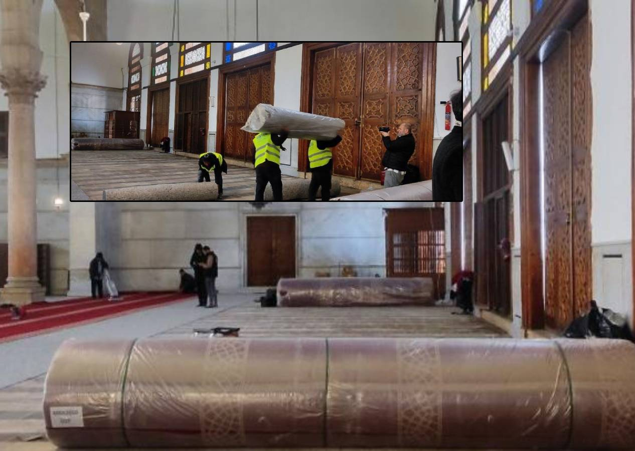 Emevi Camii'ne Cumhurbaşkanı Erdoğan'ın seçtiği Gaziantep halıları serilmeye başlandı