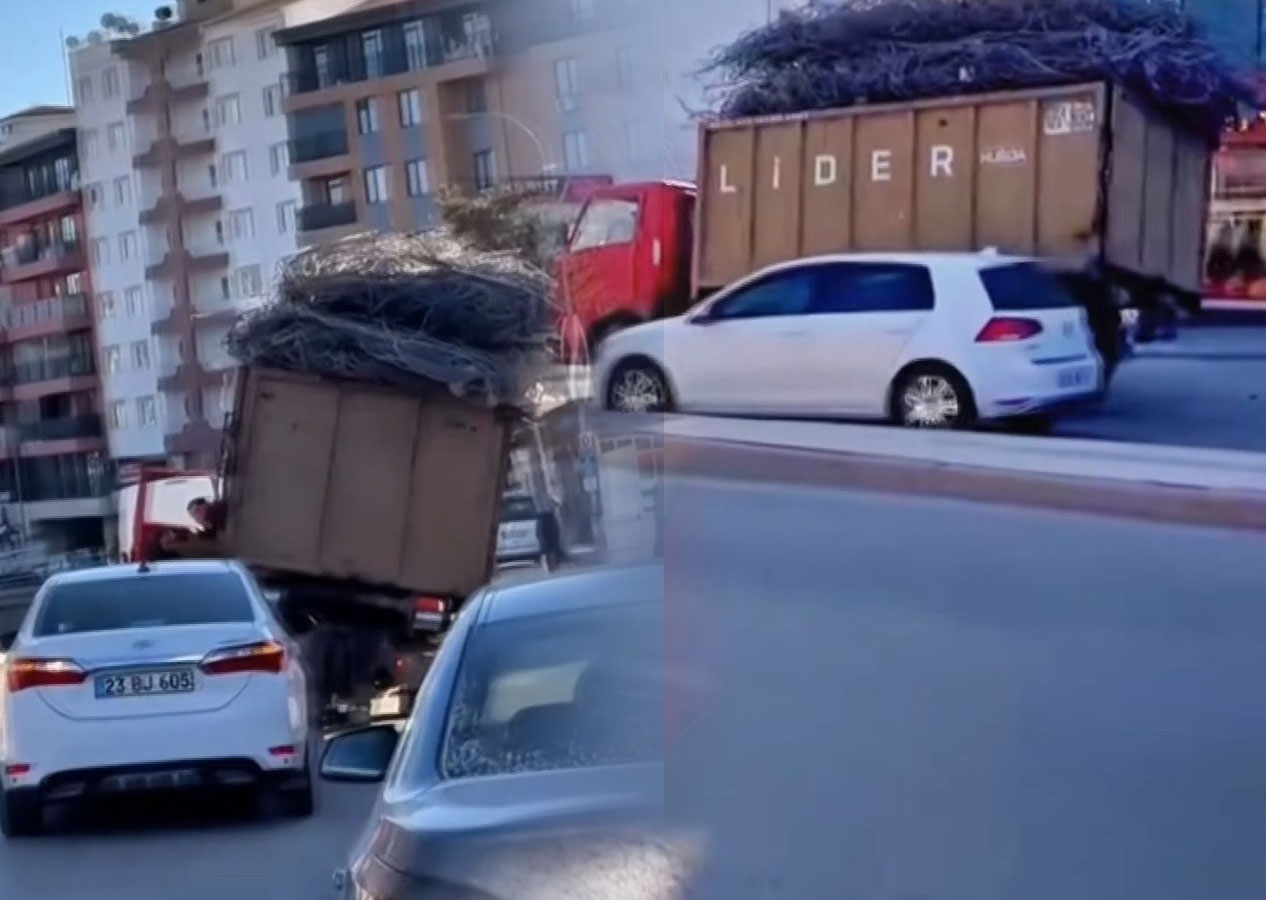 Trafikte hurda yüklü kamyonet kabusu! Devrilme tehlikesi geçirdi! Korku dolu anlar kamerada!