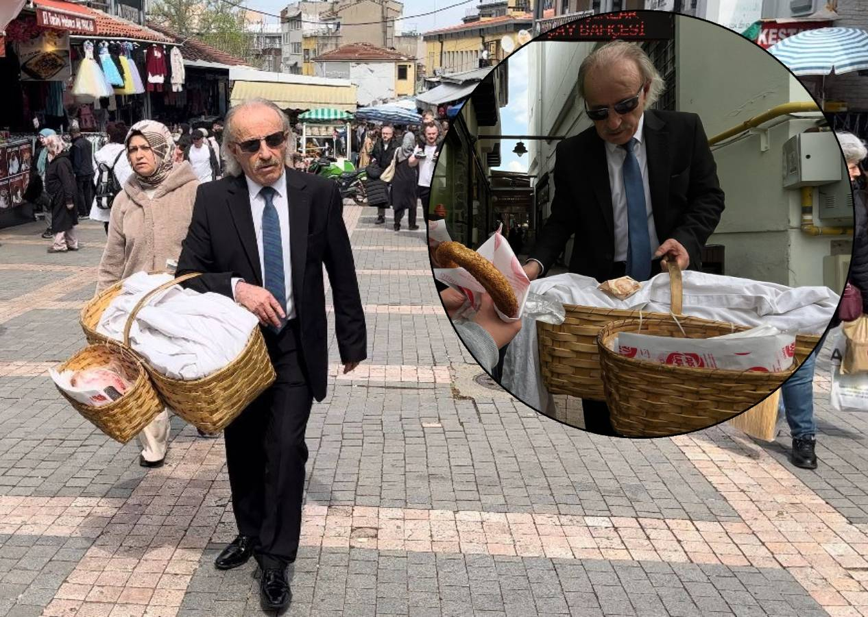 Bursa'nın "Kravatlı simitçi"si takım elbisesi ve boyalı kunduralarıyla simit satıyor