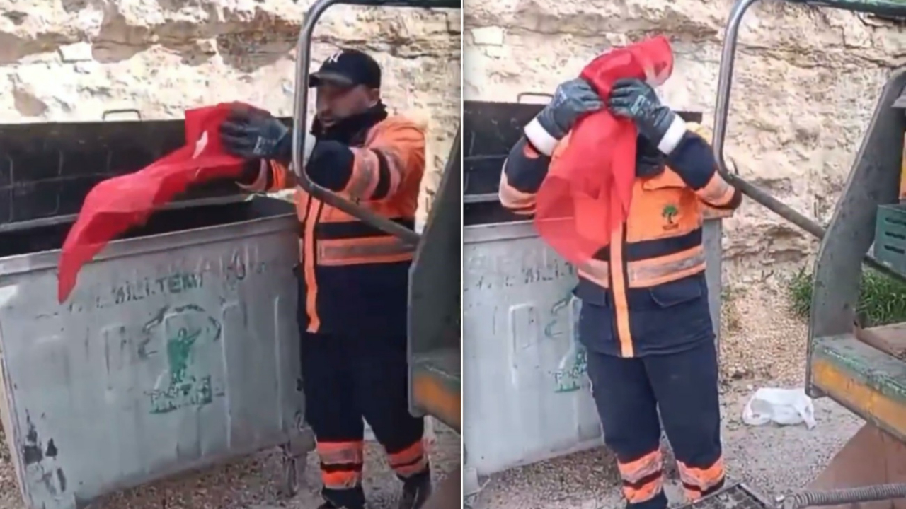 Gaziantep’te temizlik işçisinden bayrağa vefa: Çöpden aldı, öpüp alnına koydu