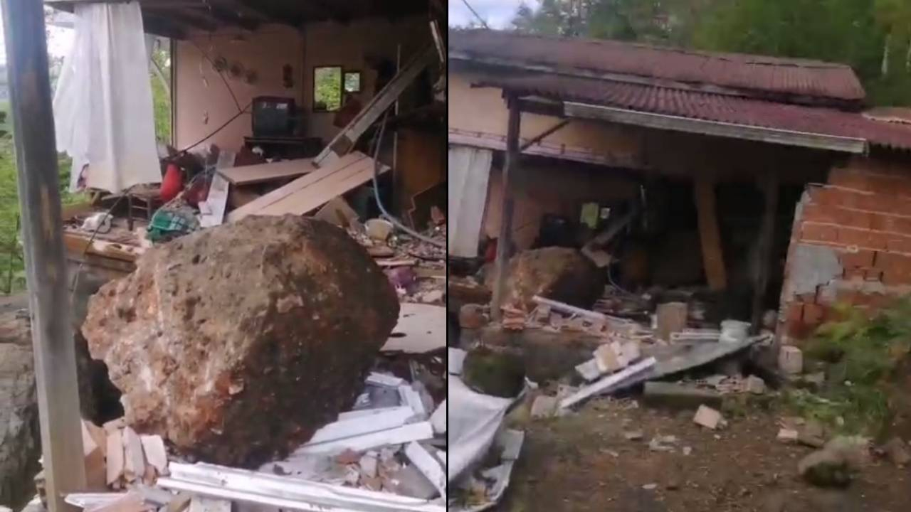 Deprem sandılar! Rize'de yamaçtan kopan kayalar eve çarptı