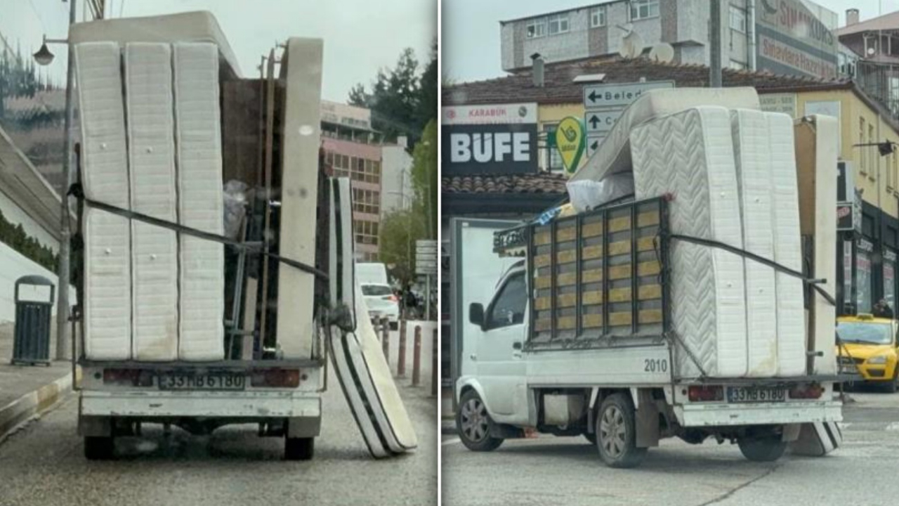 Karabük’te kamyonetten düşen yatak yolda sürüklendi, tehlikeli anlar kamerada