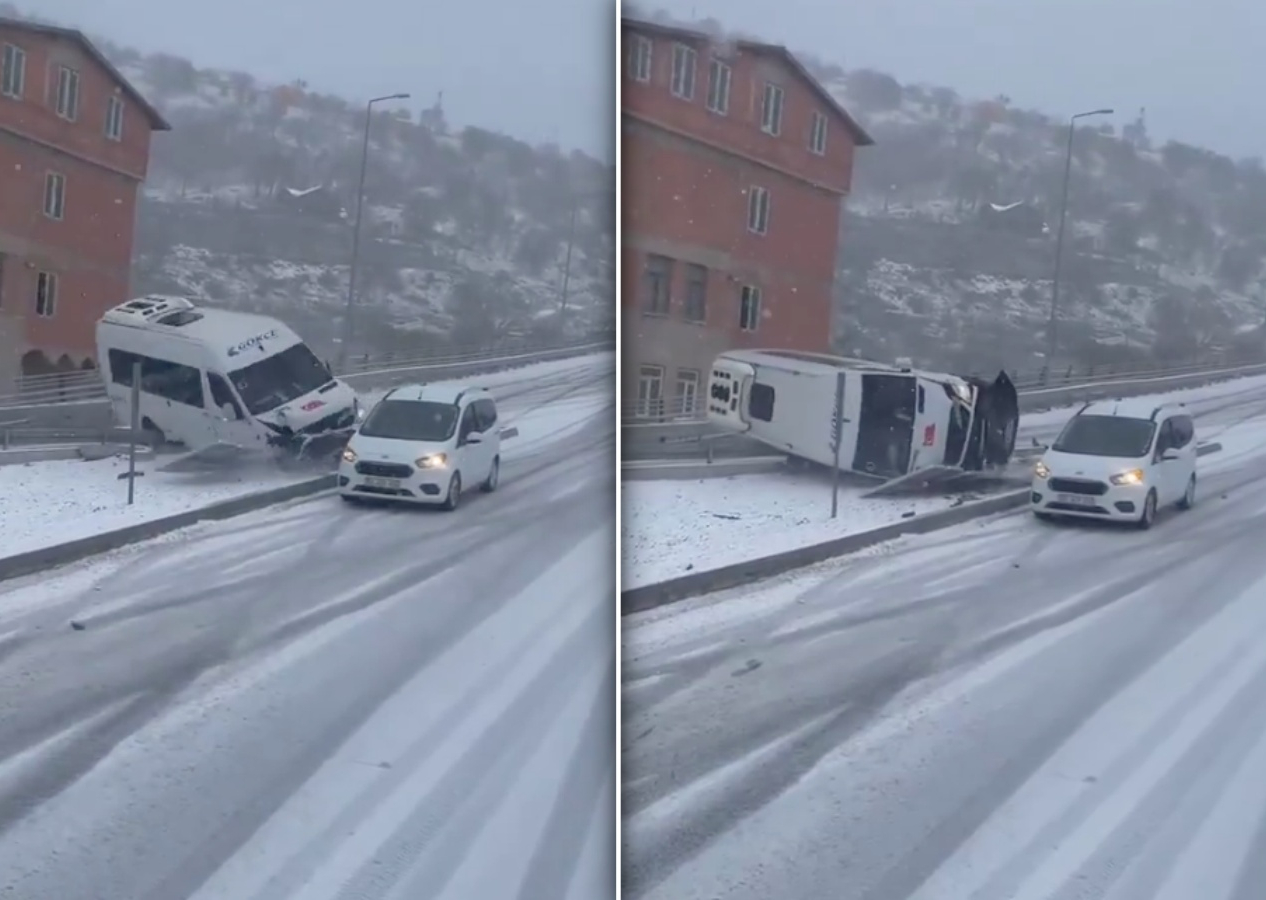 Kayseri’de kar kaosu: Minibüs devrildi, peş peşe kazalar kamerada!
