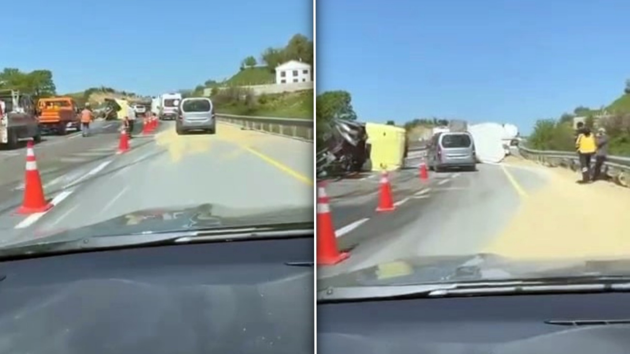 Kaynarca’da tır kazası: Silobas dorse devrildi, yemler yola saçıldı