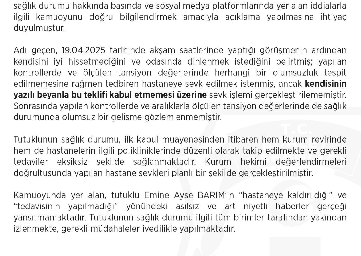 Hastaneye kaldırılan Ayşe Barım'ın kaldığı cezaevinden ilk açıklama geldi!