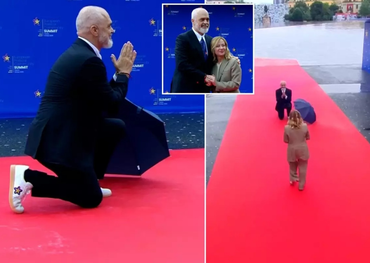 Arnavutluk'ta kırmızı halı şovu: Edi Rama, Meloni’yi diz çökerek karşıladı! Olay sözler
