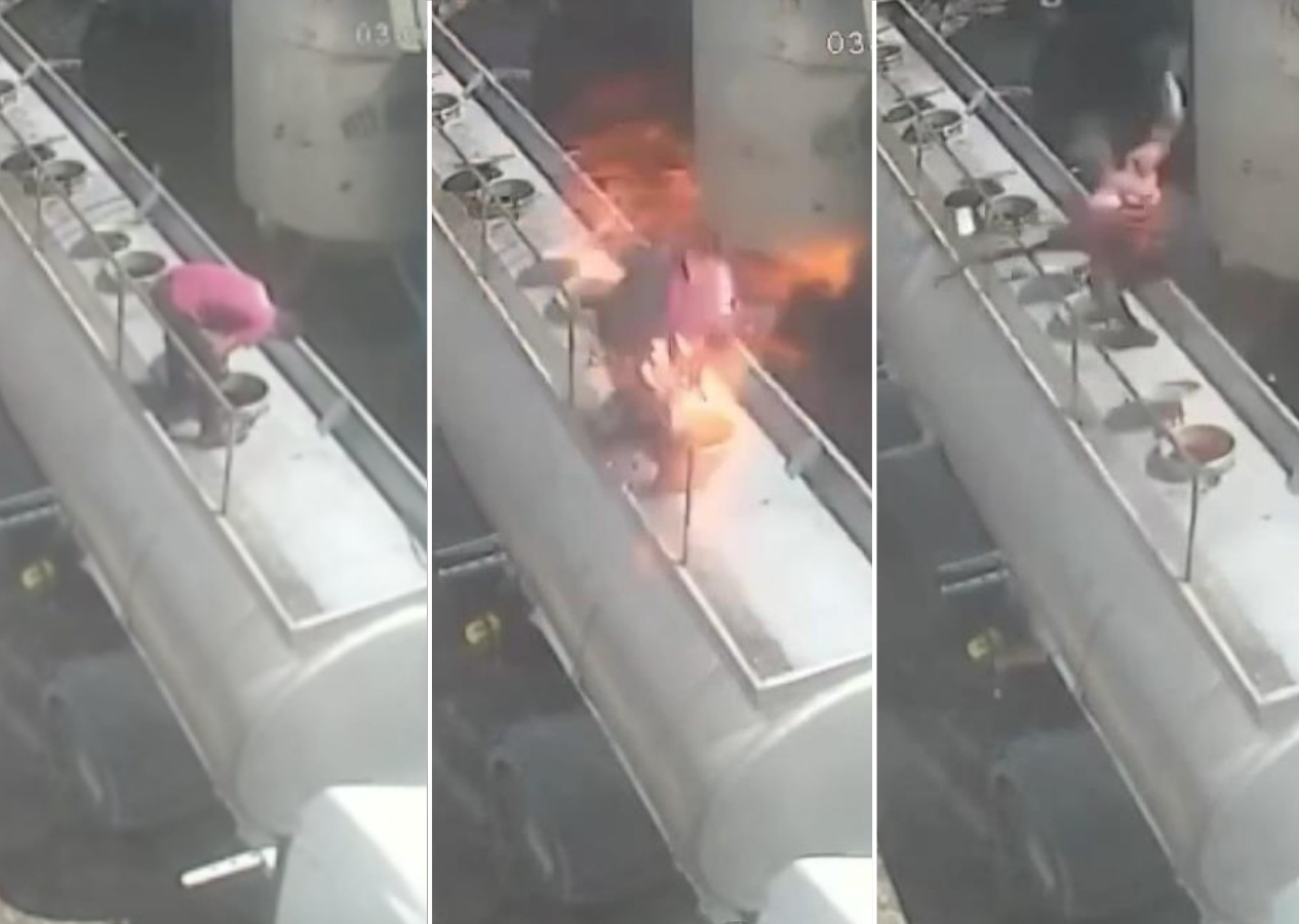 Ağzında sigarayla açtı, tanker kapağı bomba gibi patladı! Dehşet anı kamerada
