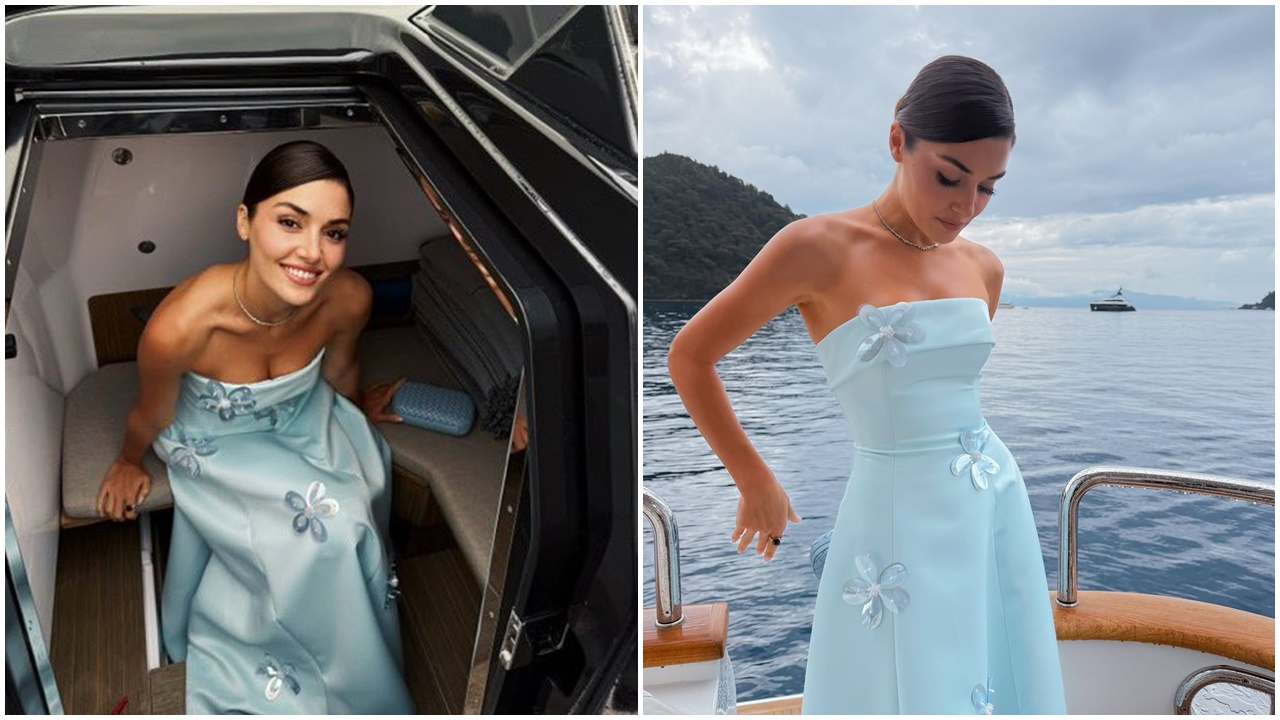 Hande Erçel’in mavi elbisesiyle tekne pozları gündem oldu: Elbisenin fiyatı dudak uçuklattı