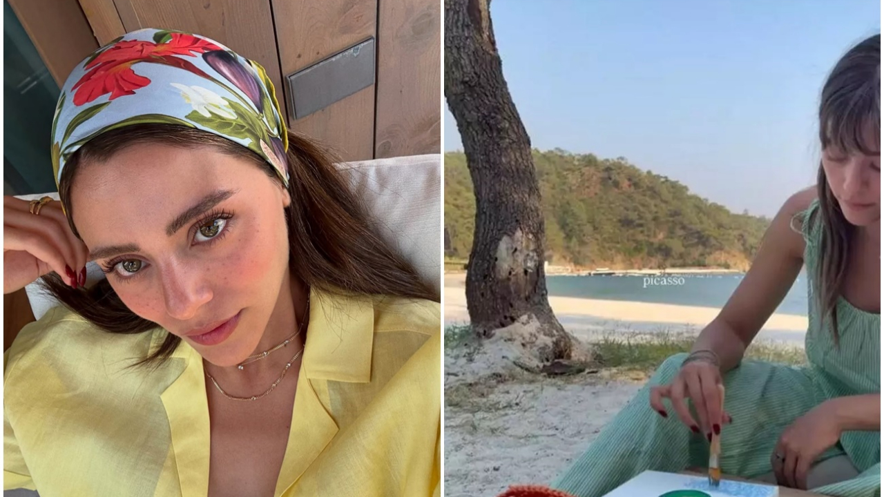 Sıla Türkoğlu ve Ata Ayyıldız, Muğla tatilinde! Ünlü oyuncu sahilde resim yaptı