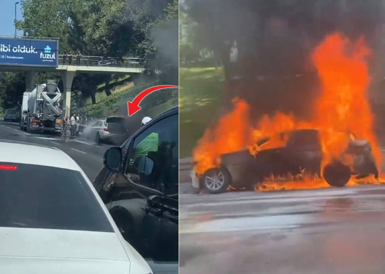 Üsküdar'da seyir halindeki otomobil alev topuna döndü, sürücüler büyük tehlike atlattı