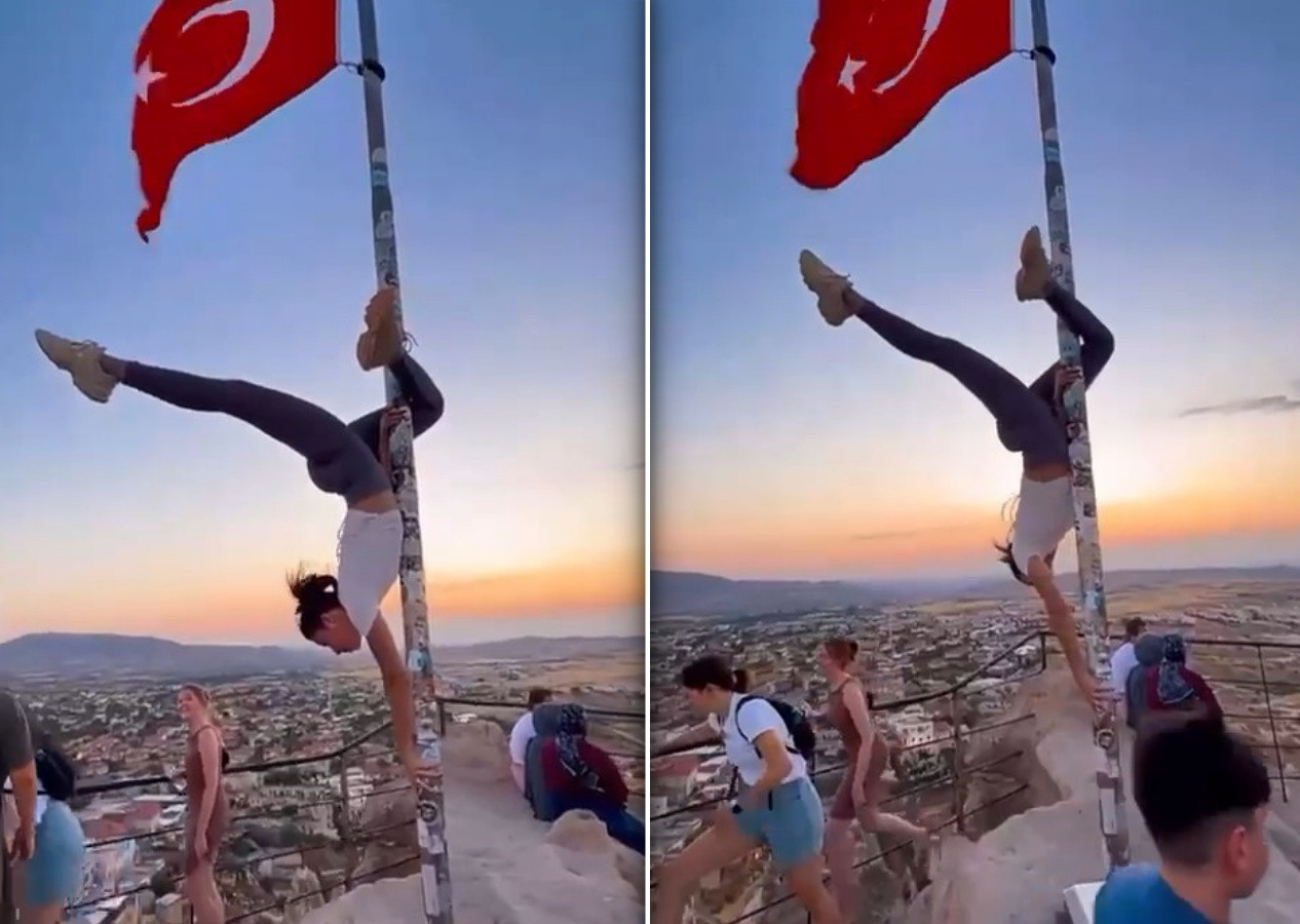 İnfial yaratan görüntüler: Kapadokya’da bayrak direğinde skandal hareket! Valilik devreye girdi