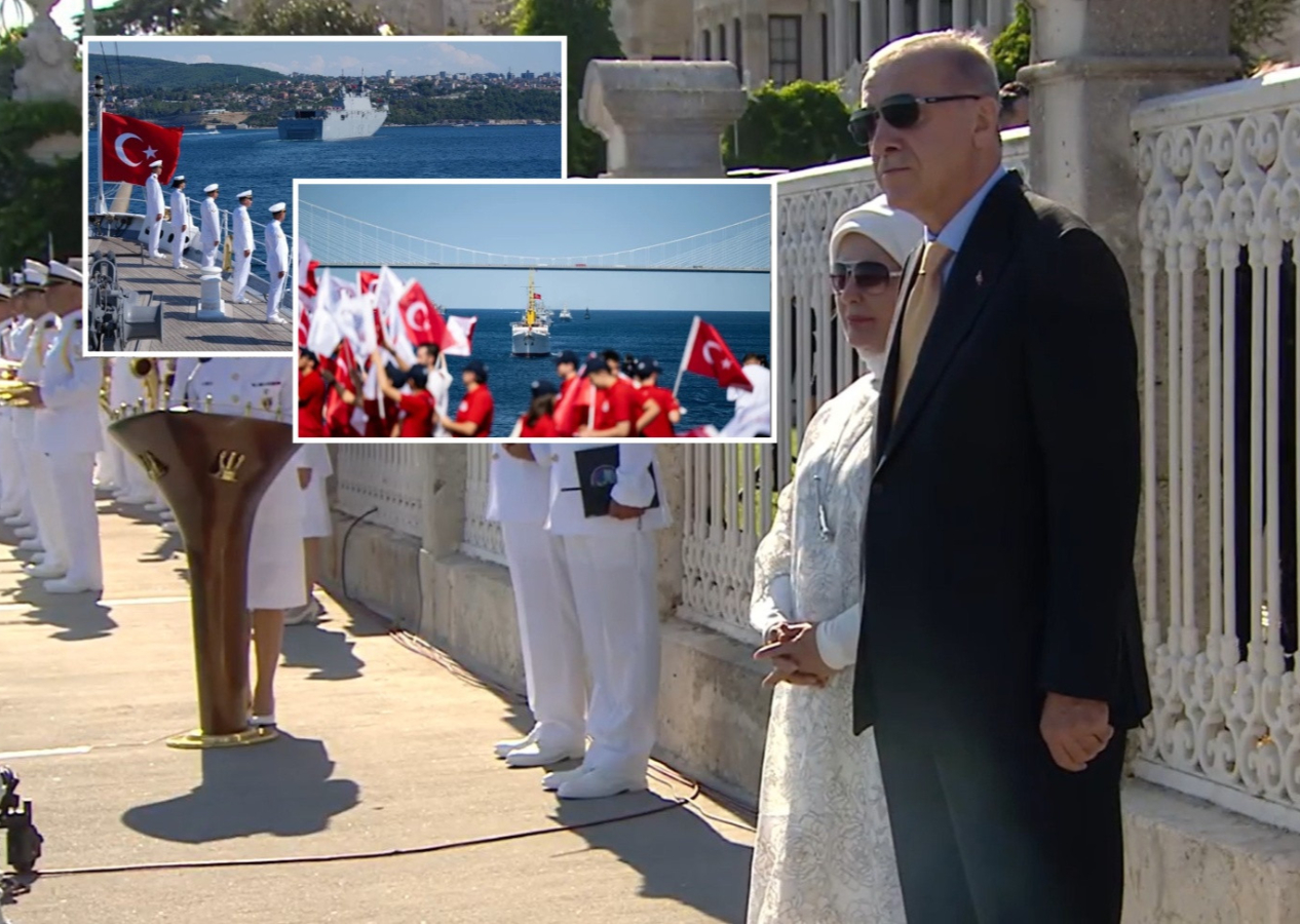 9 gemi tek yürek, Mavi Vatan coşkusu... Cumhurbaşkanı Erdoğan, Boğaz’daki geçit töreninde Savarona ve TCG Anadolu’yu selamladı