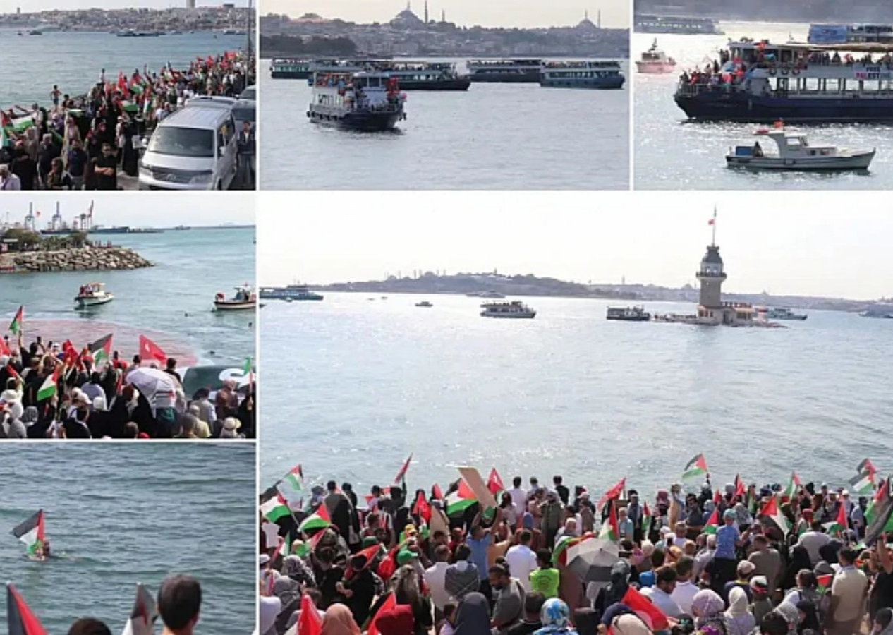 İstanbul Boğazı’ndan Gazze’ye dayanışma! Kız Kulesi’ne Türk ve Filistin bayrağı asıldı, denizde dev karpuz flaması açıldı