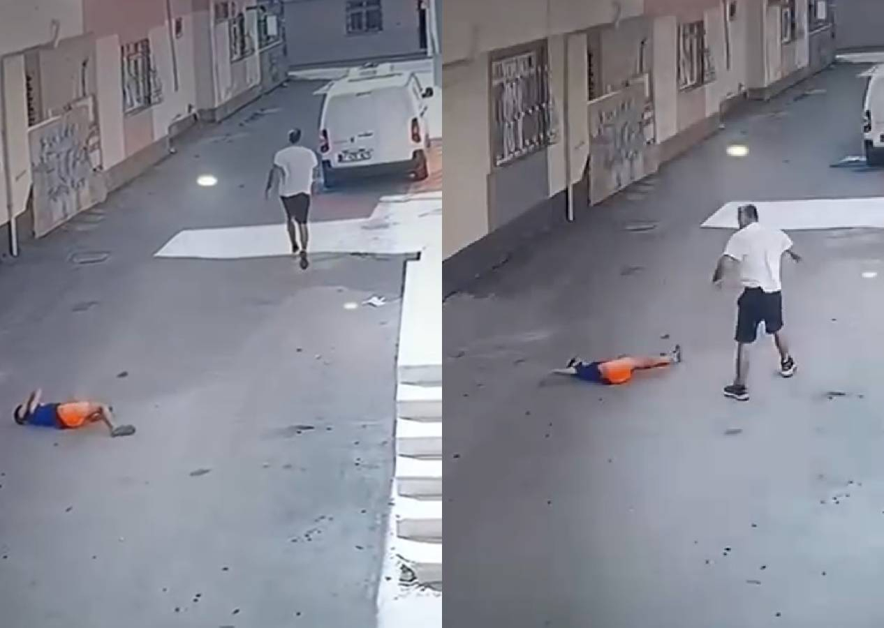 İzleyenler öfkelendi! Küçük çocuğu kovaladı, yakalayınca yere çarptı! O anlar kamerada