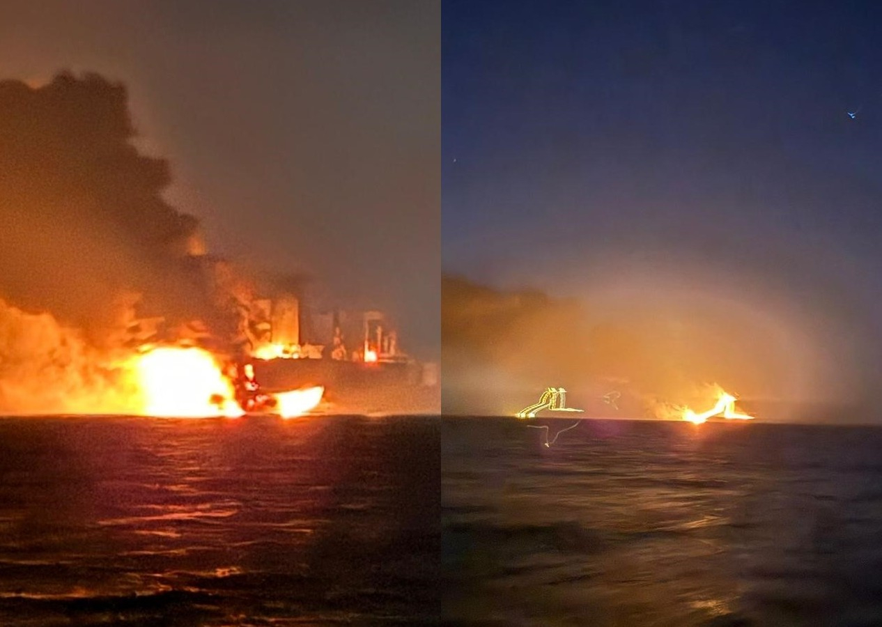 Kocaeli açıklarında dehşet: Alev topuna dönen gemi görüntülendi!