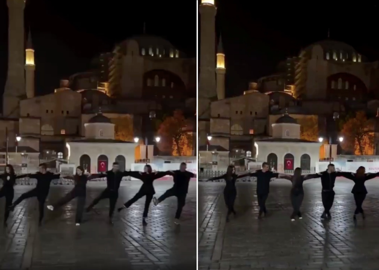 Yunan dans grubundan Ayasofya Camii önünde sirtaki provokasyonu! “Kutsal topraklarda dans ediyoruz”
