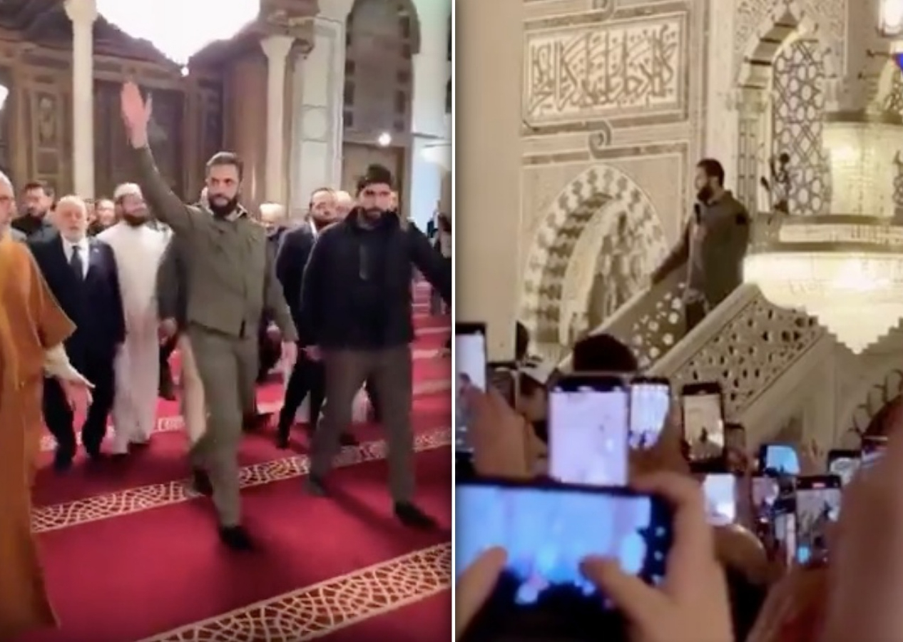 Esad rejiminin çöküşünün 1. yılında Şam’da tarihi an: Ahmed Şara Emevi Camii’nde sabah namazı kıldırdı, askeri üniformasıyla zafer konuşması yaptı