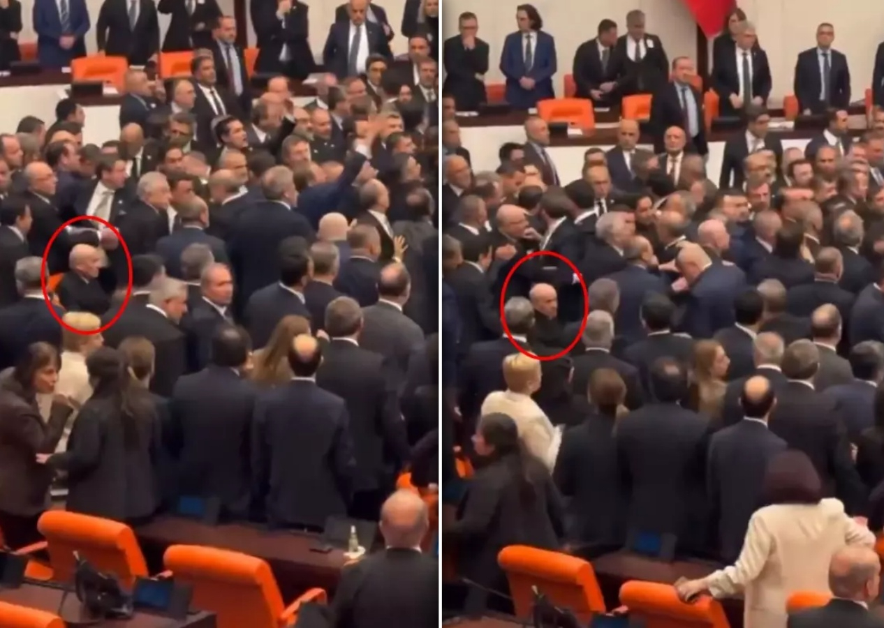 TBMM'deki yumruklu kavgada dikkat çeken anlar! MHP'li vekiller Devlet Bahçeli'nin etrafına etten duvar ördüler...