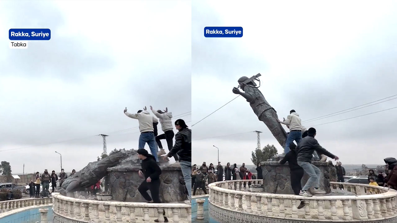 Suriye Tabka’da halk, terör örgütünün sembolü olarak görülen heykelleri yıktı