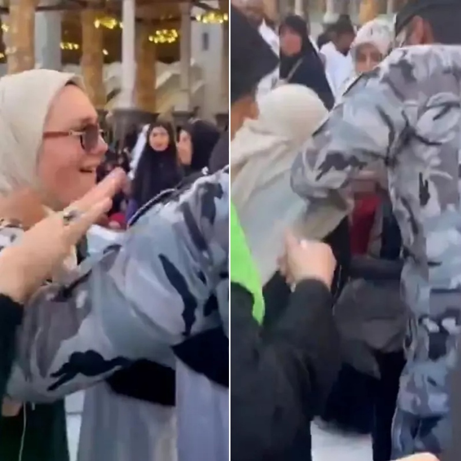Kabe'de şok anlar! Hatıra için Kabe örtüsünü makasla kesen Türk hacı başörtüsünden tutulup yaka paça gözaltına alındı!
