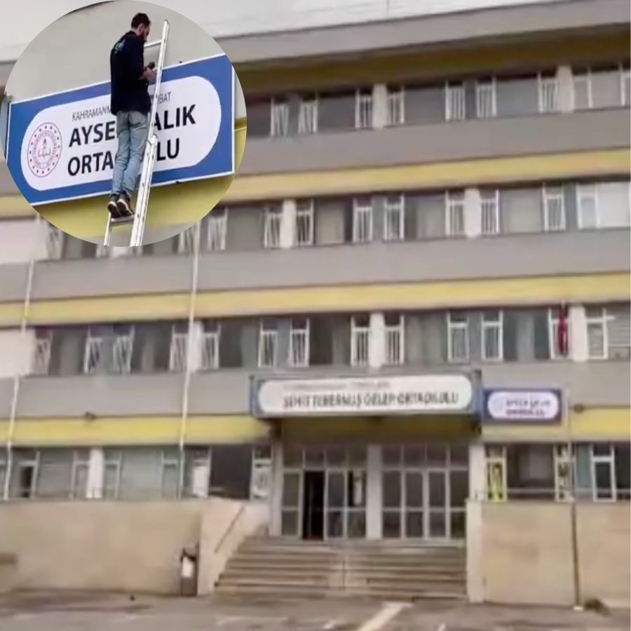 Ayser Çalık Ortaokulu tabelası, öğretim verilecek yeni binaya asıldı