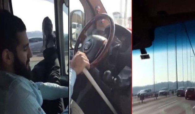 Ayaklarını camdan çıkartıp çubukla minibüs sürdü VİDEO