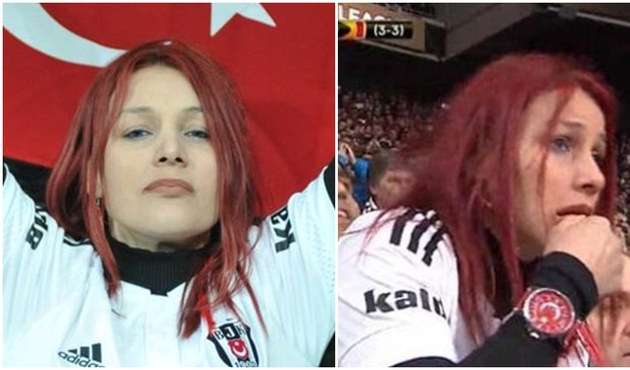 TRT Oğuzhan'dan çok onu gösterdi: Beşiktaş-Lyon maçına damga vuran kızıl saçlı taraftar!
