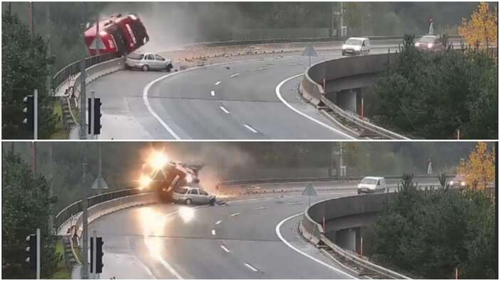 Virajı dönemeyen otomobil, TIR’ı köprüden attı