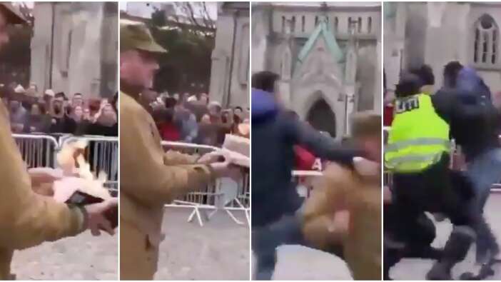 Suriyeli genç, Norveç'teki İslam karşıtı gösterilere damga vurdu!