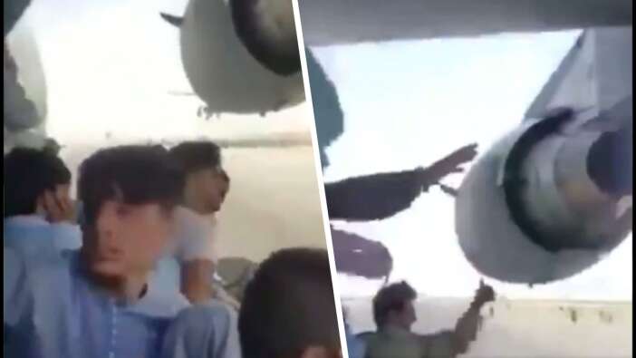 Uçağın kanadına binen Afganlardan kahreden video: Geride kalanlara el salladılar...
