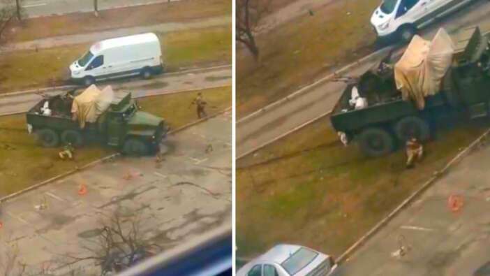 Rus ordusuna ait araç, Ukrayna sokaklarında pusuya düşürülerek çapraz ateşe tutuldu!