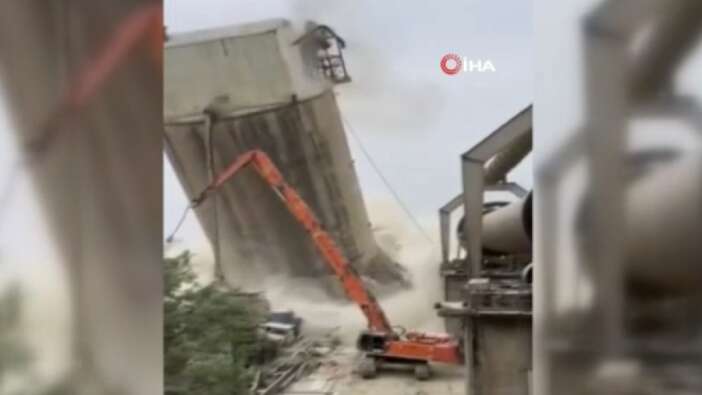 Yıkım çalışmasında panik! Çimento kulesi planlanandan ters yöne çöktü
